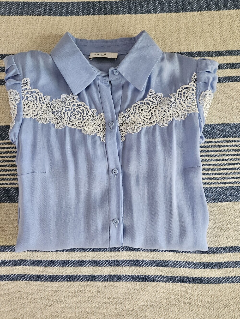 SANDRO PARIS Lace-Inset Down Duster Dress Sky Blue Sz FR 34 XS - Picture 9 of 10